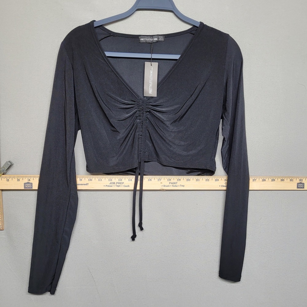 PrettyLittleThing Black Ruched Front V-Neck Long Sleeve Crop Top Size 12 NEW